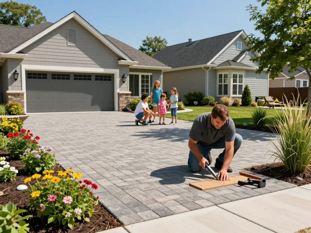 Paver driveway near me featuring a professional installation in a charming suburban setting, showcasing beautiful landscaping and family enjoyment.