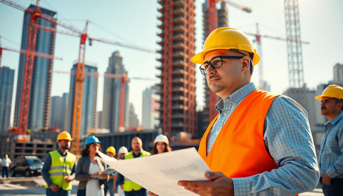 Manhattan Construction Manager coordinating with a team on a dynamic construction site.
