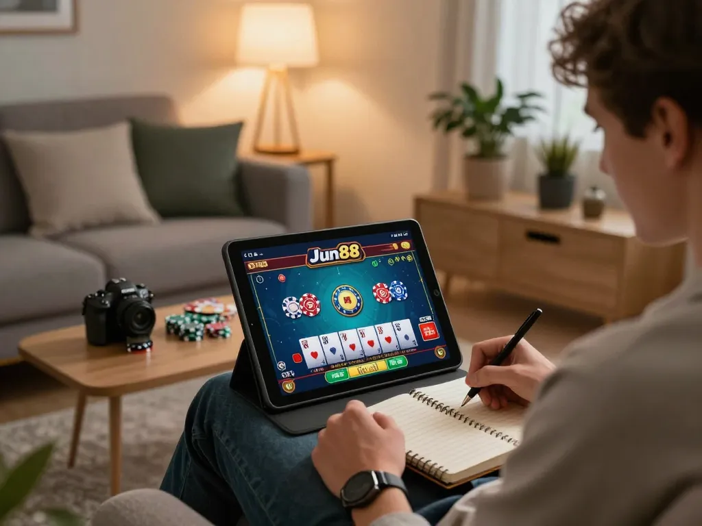 Player engaging in a strategic bet on Jun88's online platform from the comfort of home, showcasing a modern tablet interface.