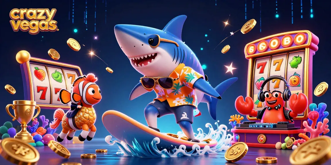 Crazyvegas showcases a dynamic underwater scene with a shark and clownfish among slot machines and gold coins.