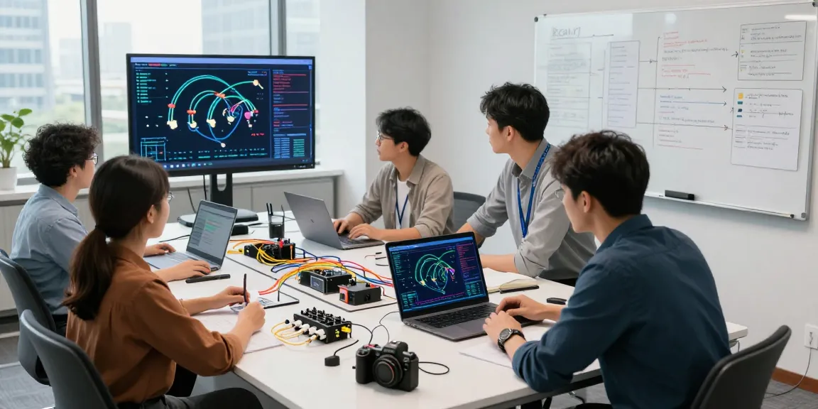 Engineers analyzing optical fiber in networking solutions during a collaborative workspace session, highlighting modern technology.