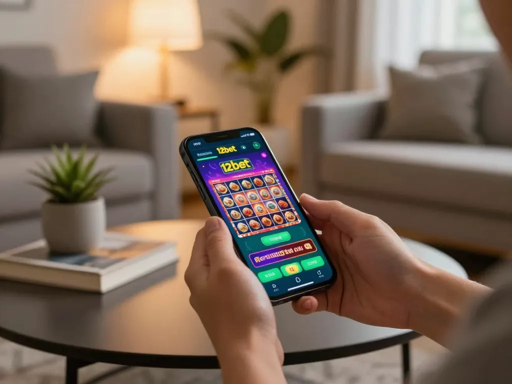 Người chơi tham gia trò chơi casino trực tuyến trên ứng dụng di động 12bet, trình bày đồ họa slot sống động trên smartphone