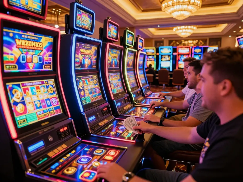 Enjoying thrilling slot games at webnk88 casino with vibrant machines and excited players.