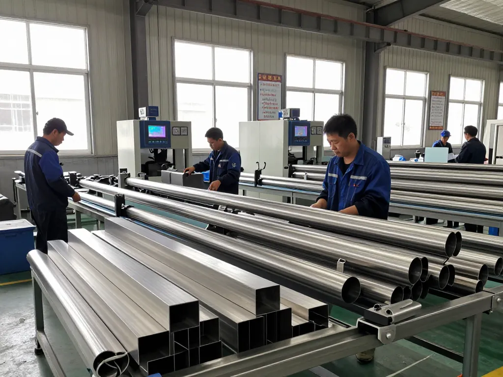 Workers inspecting sumwin stainless steel pipes in a bright factory environment.