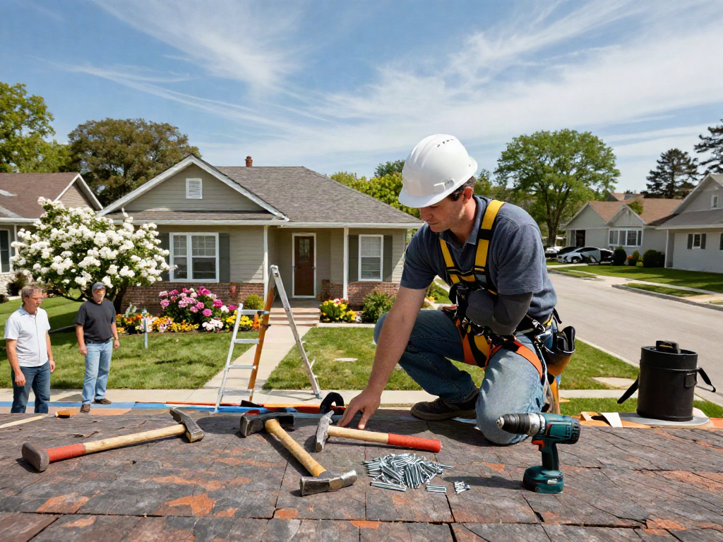 Roof repair in Des Moines Iowa showcasing home repair services Des Moines Iowa with contractor in action.