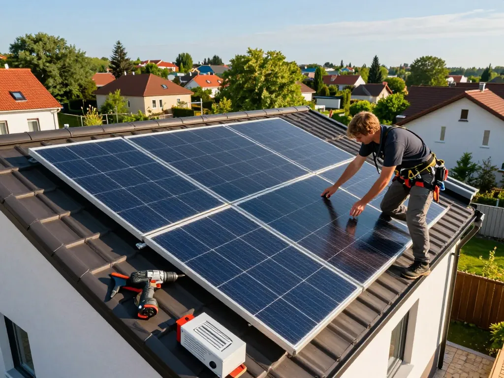 Technician installing panele fotowoltaiczne typu N on a sunny rooftop, showcasing solar energy benefits.