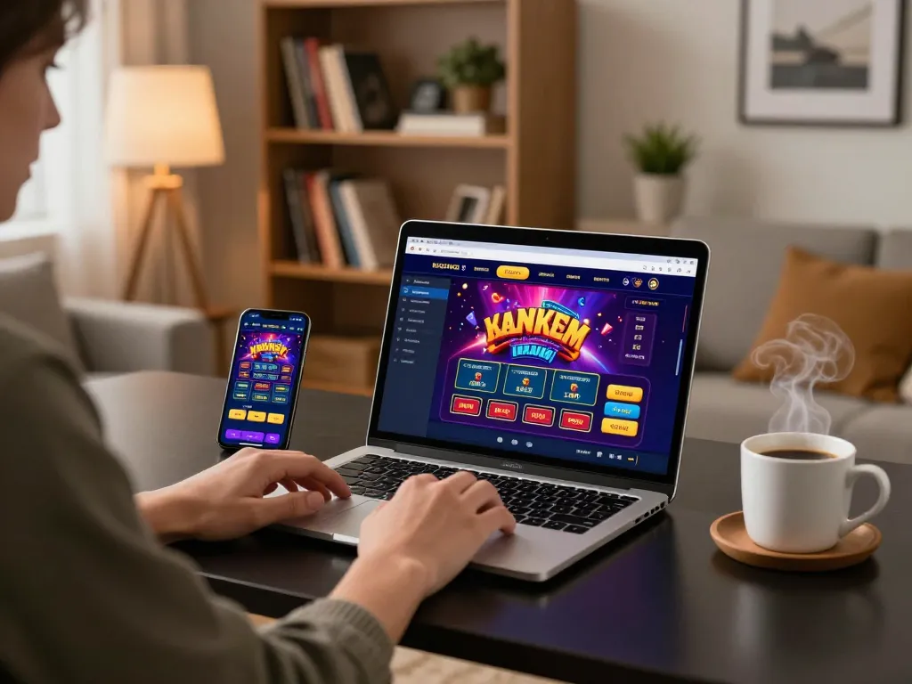Engaged user on vipwin app, strategizing bets with modern home setup and warm lighting.