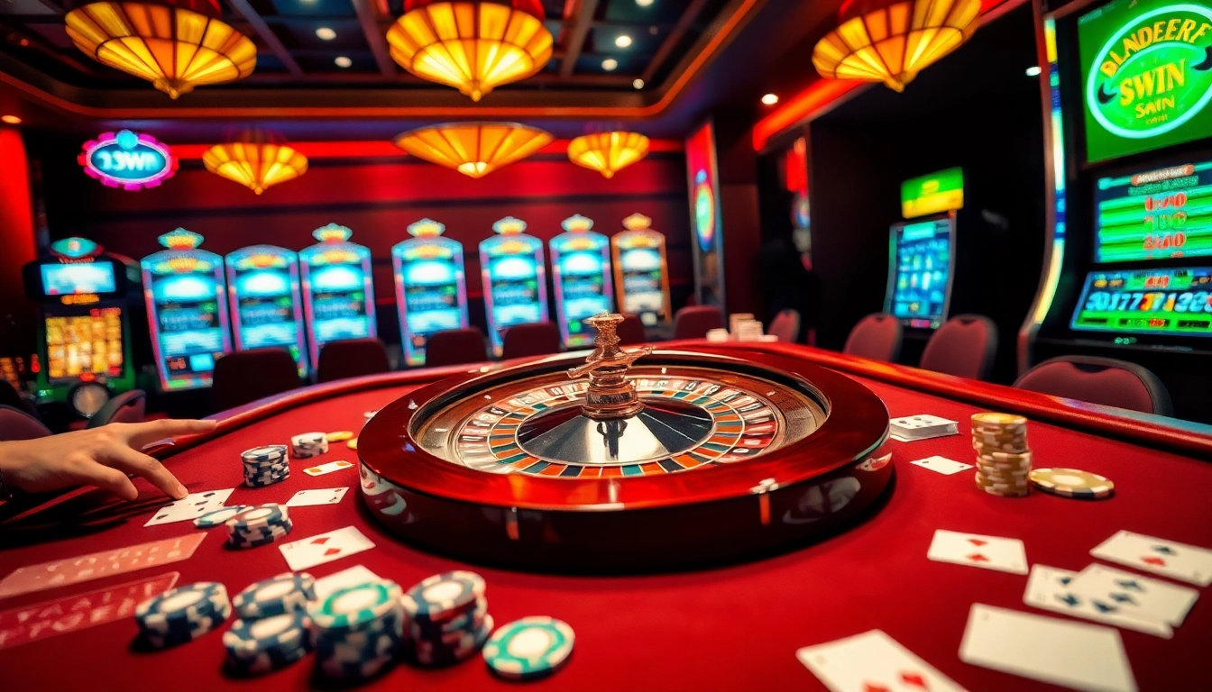 Exciting 33WIN online casino scene with gamblers engaging in roulette and card games.