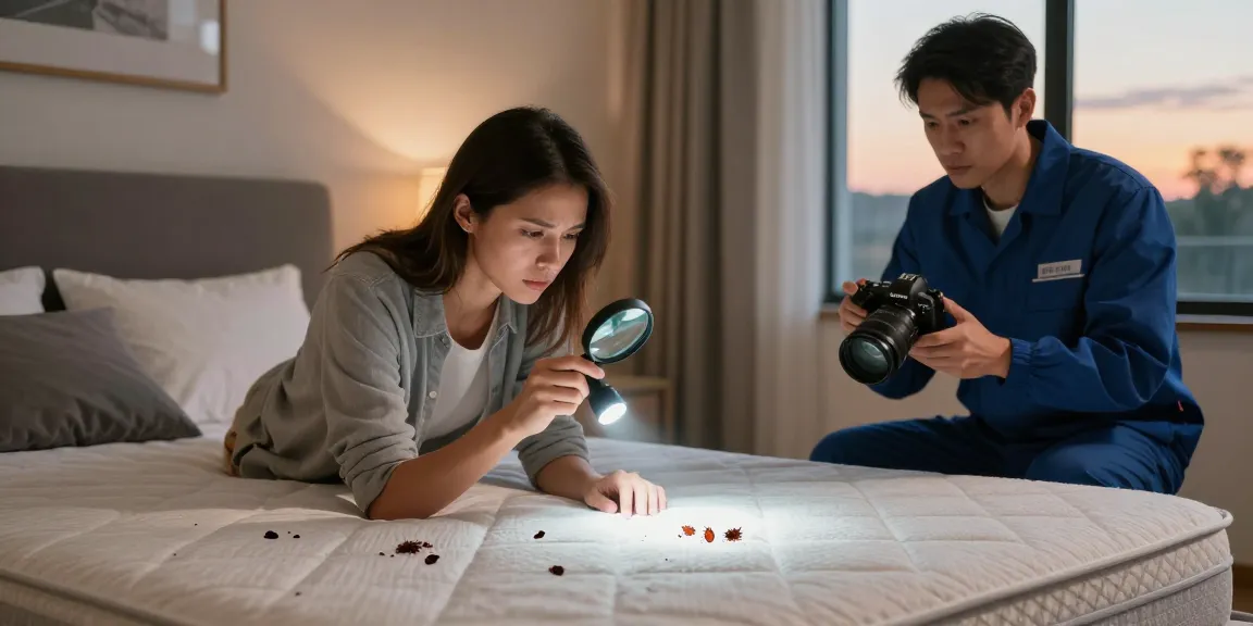 Bed bug exterminator examining mattress for signs of infestation.