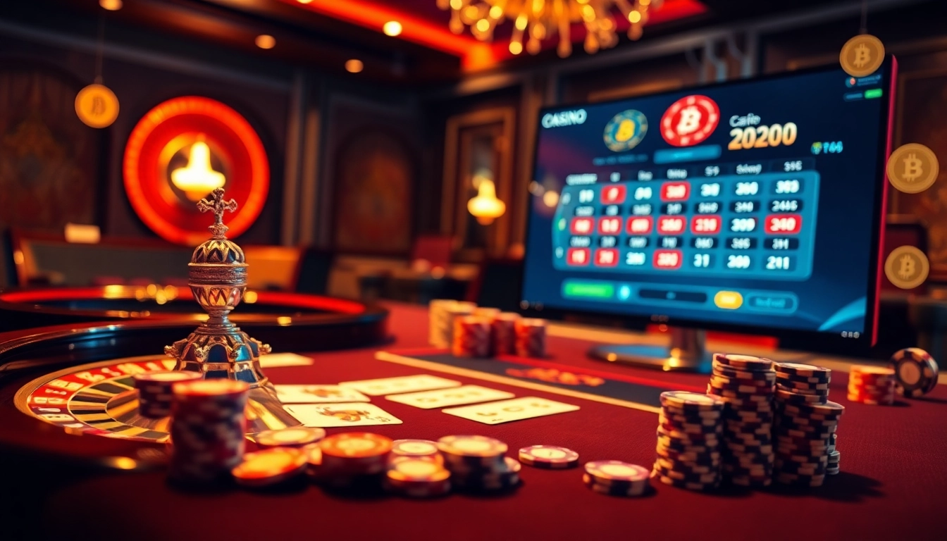 A dynamic scene showcasing crypto online casinos, featuring casino tables, poker chips, and a roulette wheel.