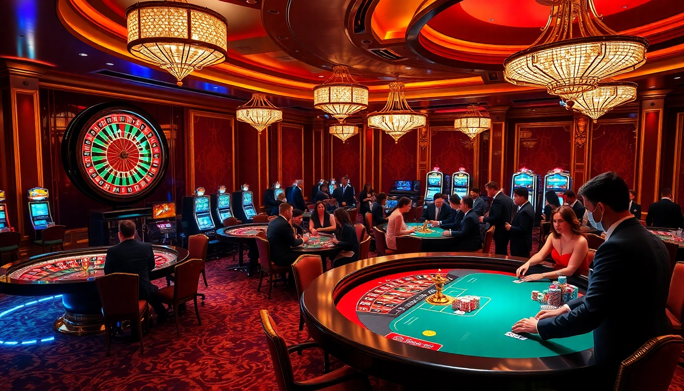 Gambling excitement at the Thabet casino with vibrant roulette and poker tables.
