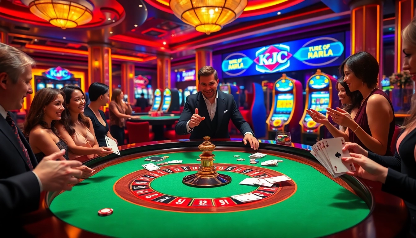 KJC gamblers enjoying a vibrant roulette table in a luxurious casino environment.