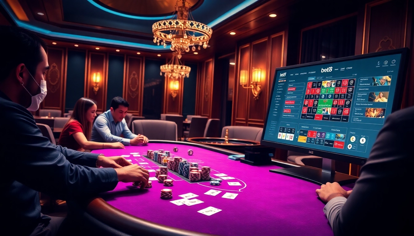 Engaging players at a bet88 poker table surrounded by colorful chips and a roulette wheel.