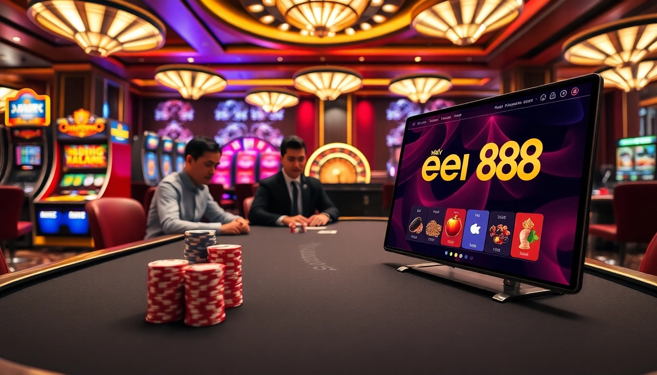 Engaging casino scene showcasing hướng dẫn ee88, featuring vibrant poker chips and a roulette wheel.