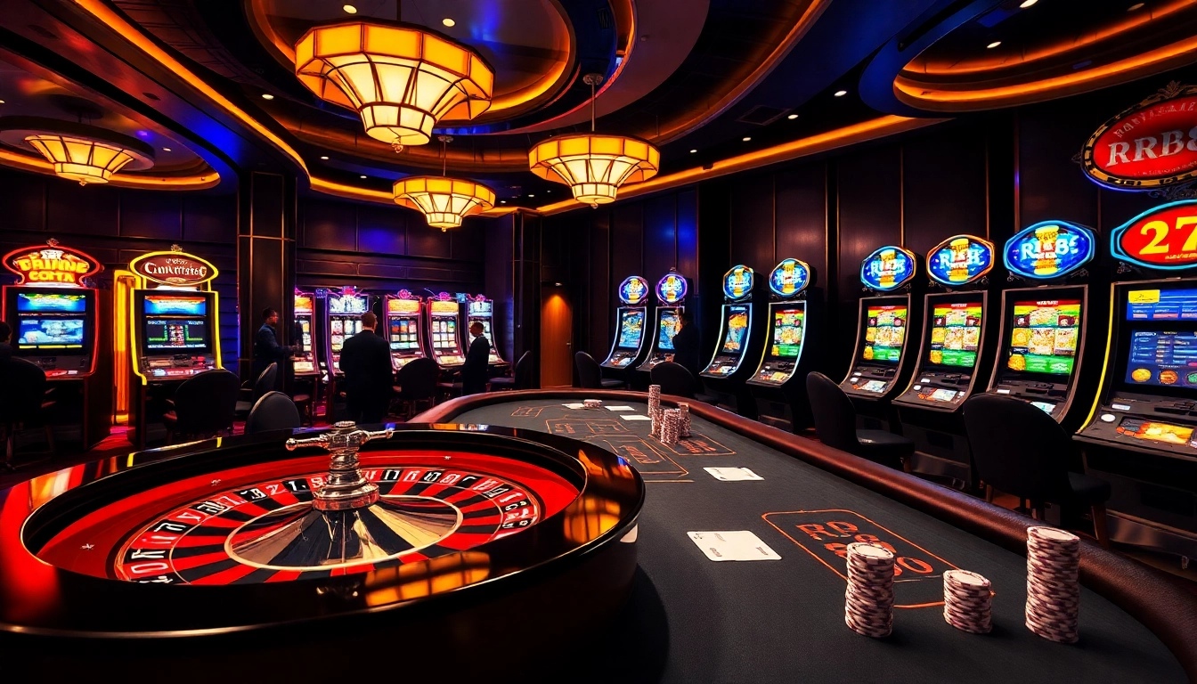 Experience high-stakes excitement at RR88 casino with vibrant tables and slot machines.