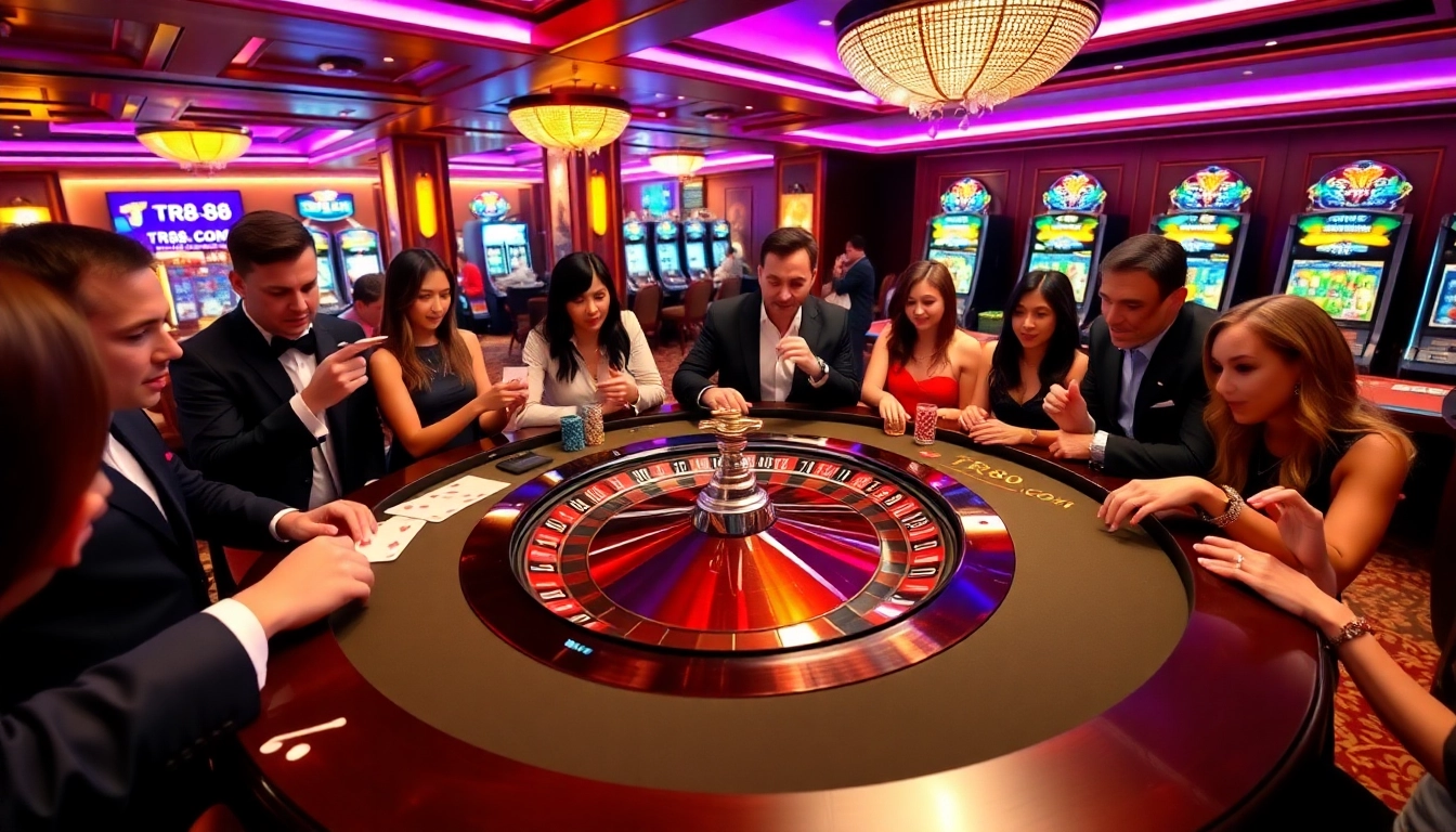 Players enjoying a thrilling moment at TR88.com casino with vibrant gaming tables and slot machines.