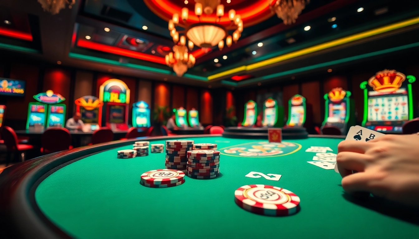 Players at an RR88 gaming table enjoy thrilling casino experiences with poker chips and slot machines.