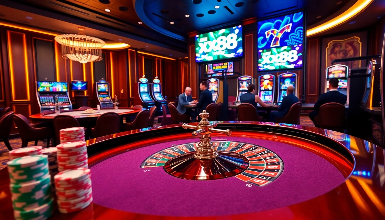Experience high-stakes gaming at https://xx88brand.com/, featuring luxurious roulette tables and vibrant slot machines.