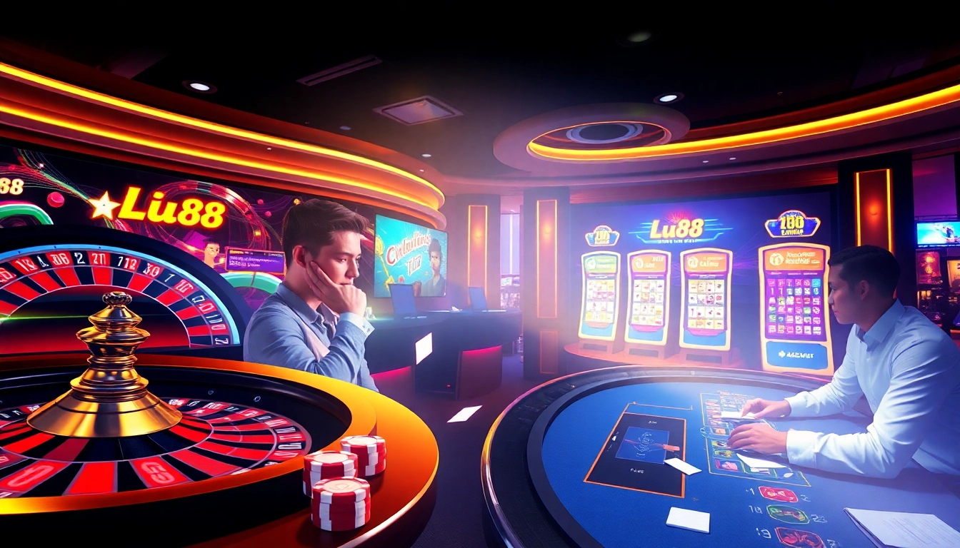 Experience the excitement of online gambling with Lu88 at a vibrant casino scene.