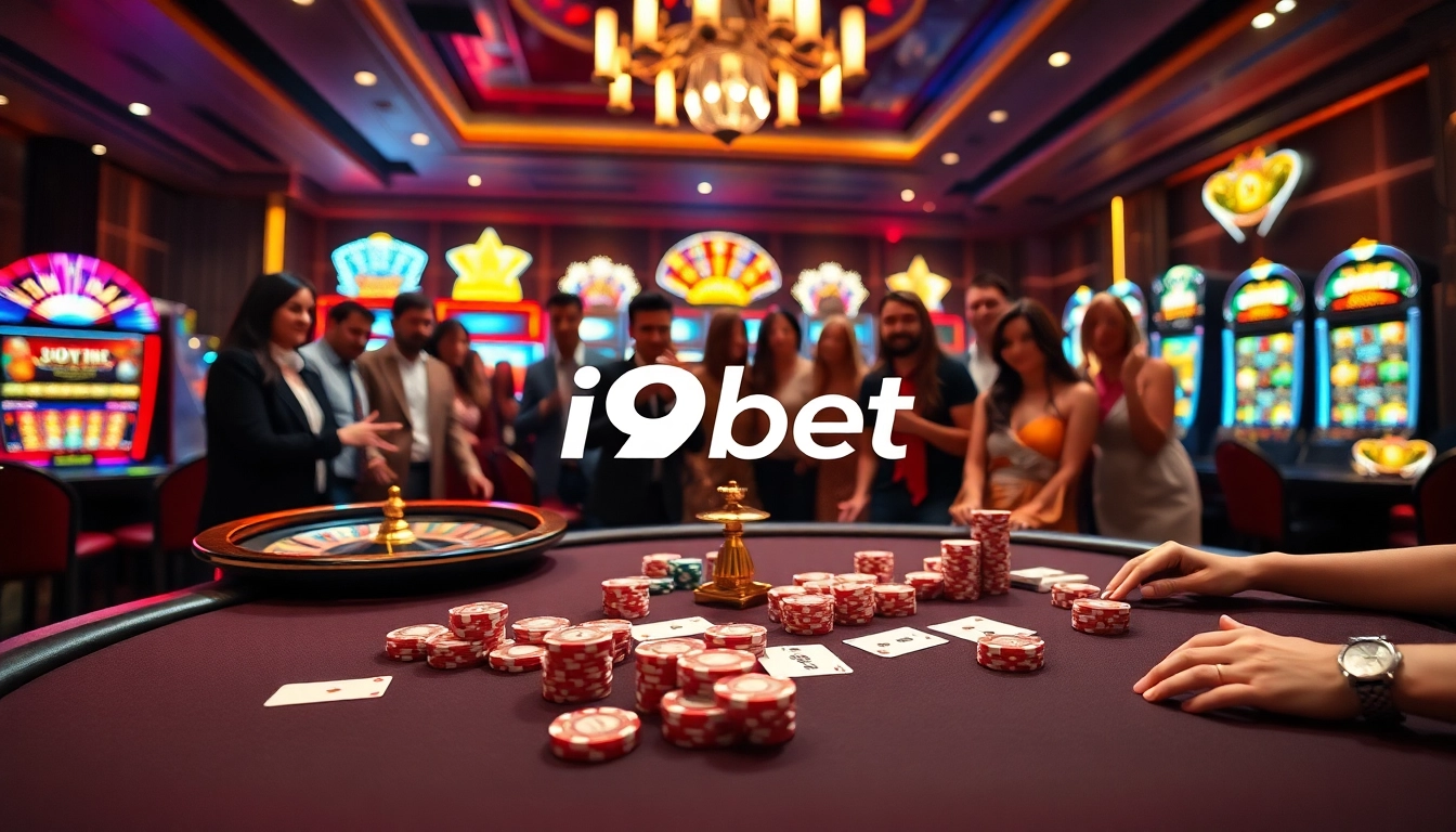 Players engaging in high-stakes poker at an i9bet casino with vibrant lights and luxurious atmosphere.