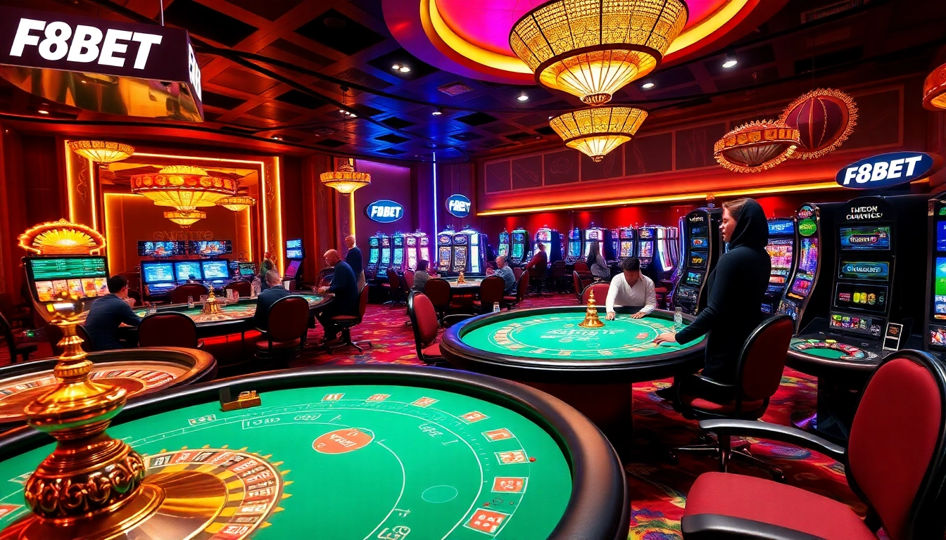 F8BET players enjoying an exciting casino atmosphere with poker tables and vibrant slots.