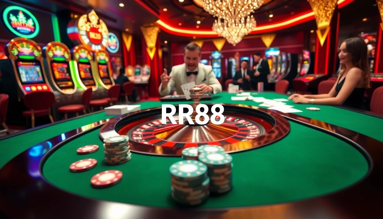 Experience the excitement of RR88 casino gaming with a vibrant roulette table scene and professional dealers.