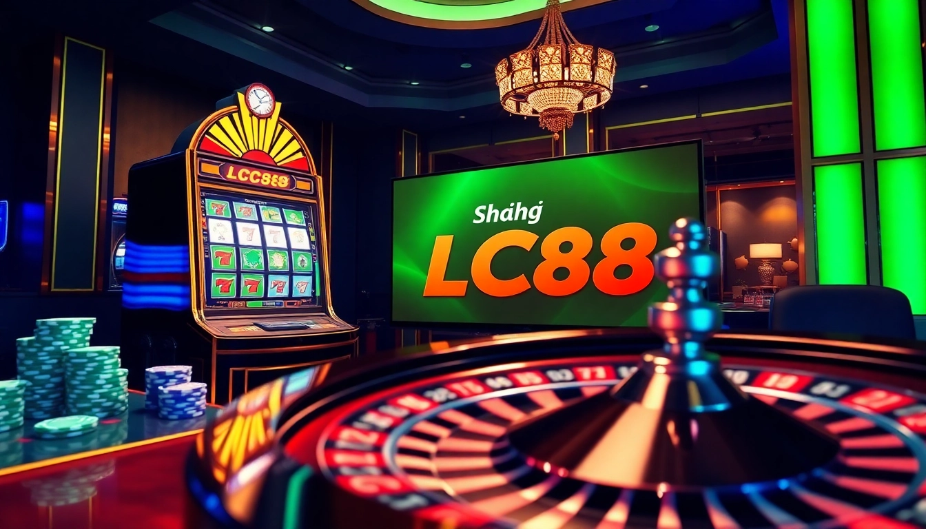 Engage with Đăng Ký LC88 at an elegant casino, showcasing vibrant slot machines and poker chips for the ultimate gambling experience.