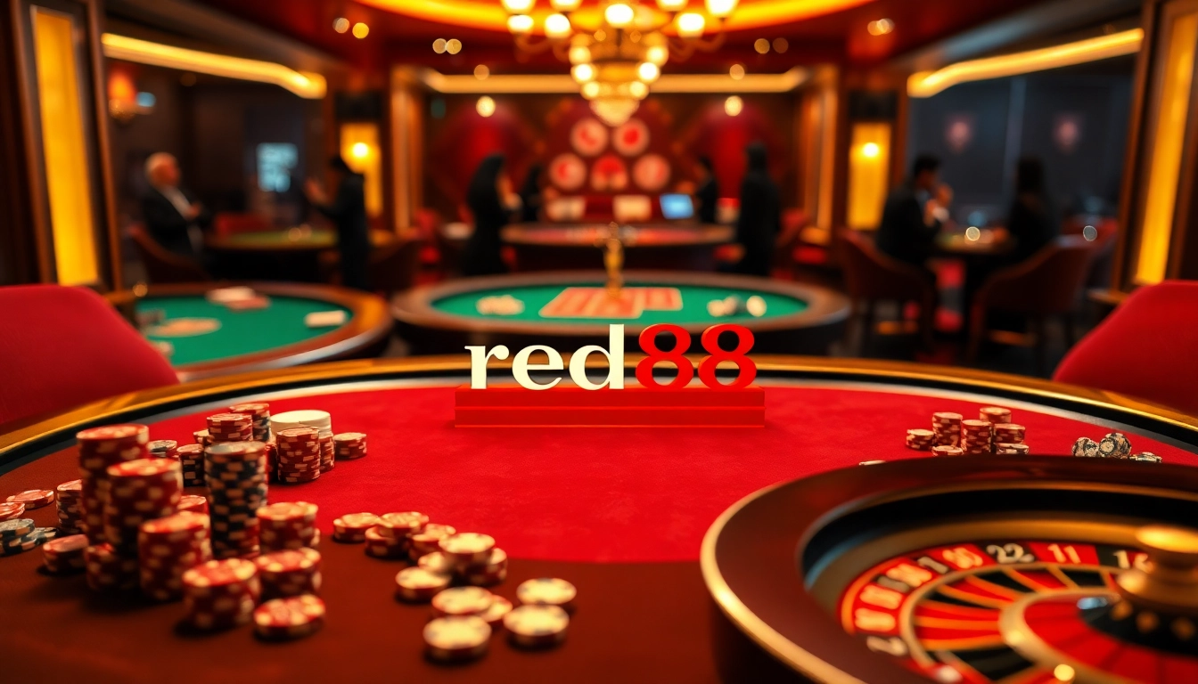 Engage with thrilling casino elements at red88, featuring a luxurious poker table and vibrant atmosphere.