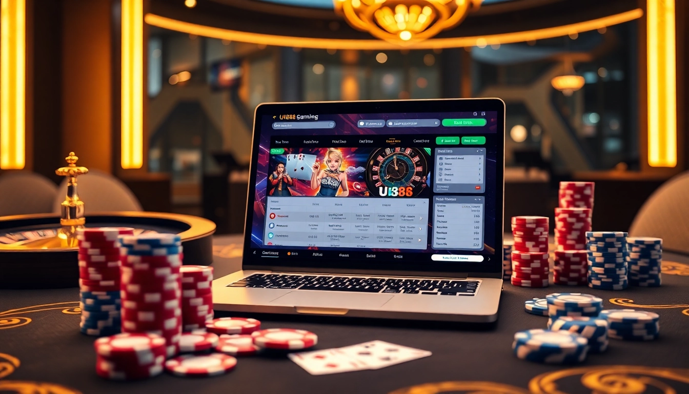 Experience UU88 gaming excitement with poker chips, roulette wheel, and online interface.