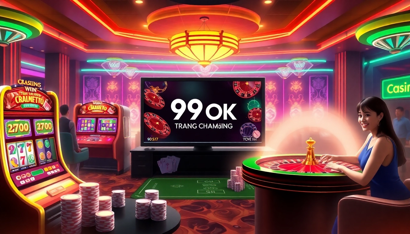 Engaging gamblers on 99OK trang chủ with exciting slot machines and neon lights.