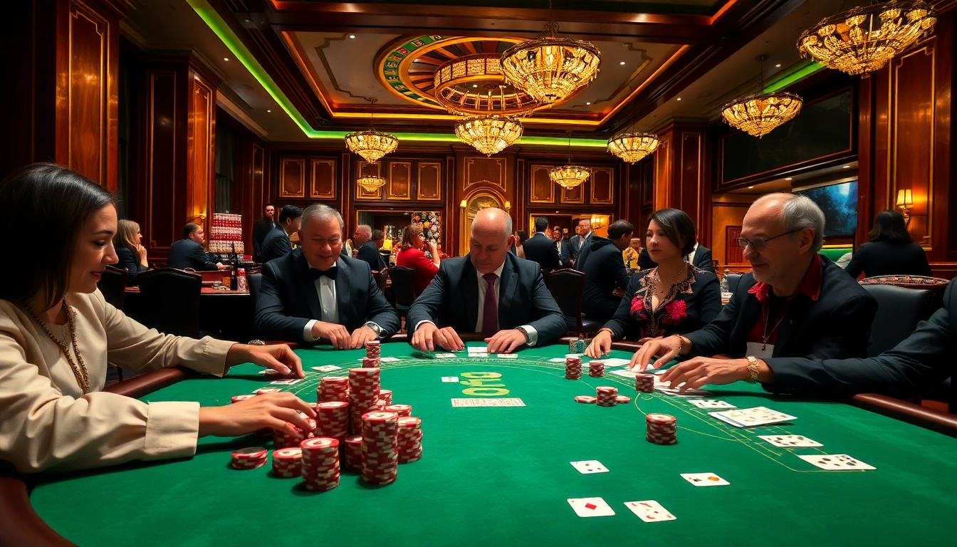 Engaging casino scene at https://five88sss.com/ featuring players around a luxurious poker table with high-quality chips.