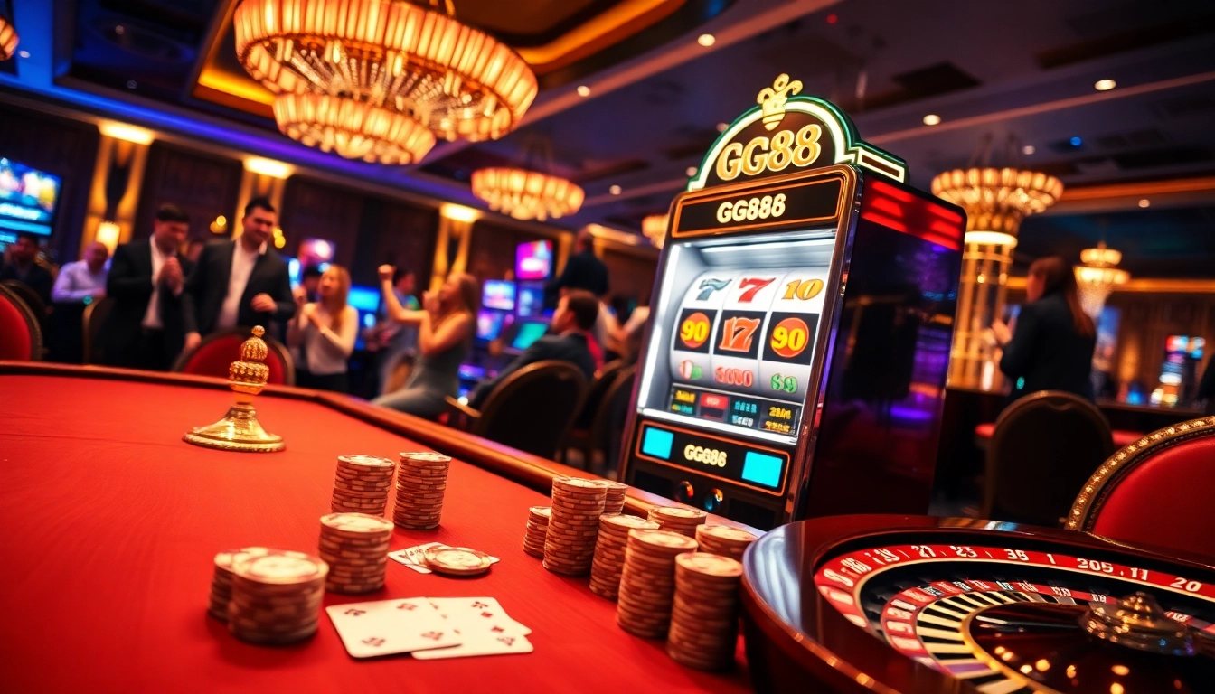 Play the GG88 slot machine amidst a vibrant casino atmosphere with luxurious décor and excited players.