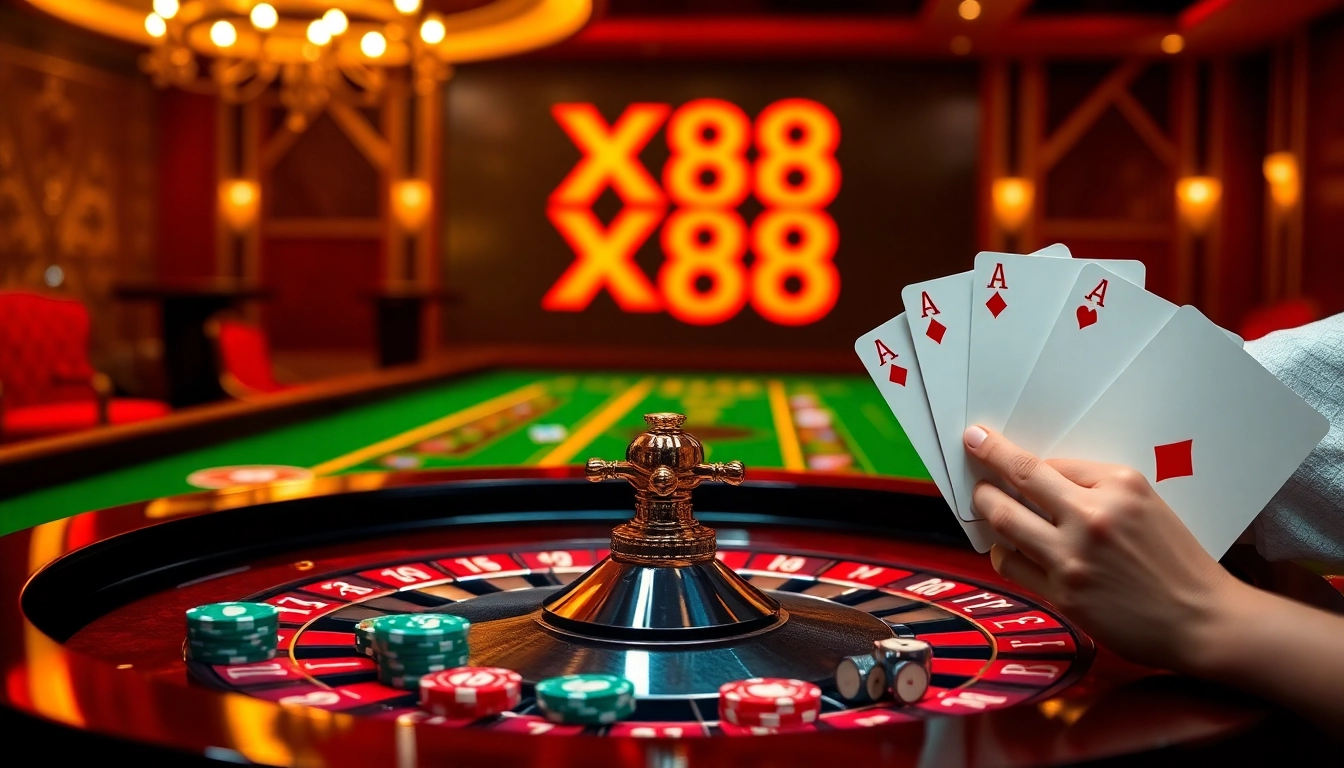 Exciting casino atmosphere showcasing hướng dẫn xn88 with roulette table, winning poker hands, and vibrant chips.