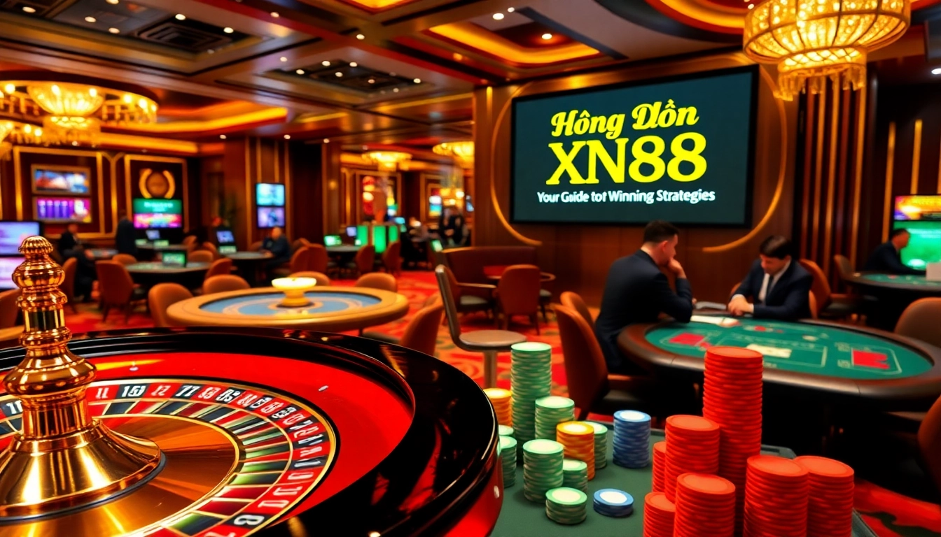 Experience the excitement of hướng dẫn xn88 at an opulent casino scene with vibrant tables and engaged players.