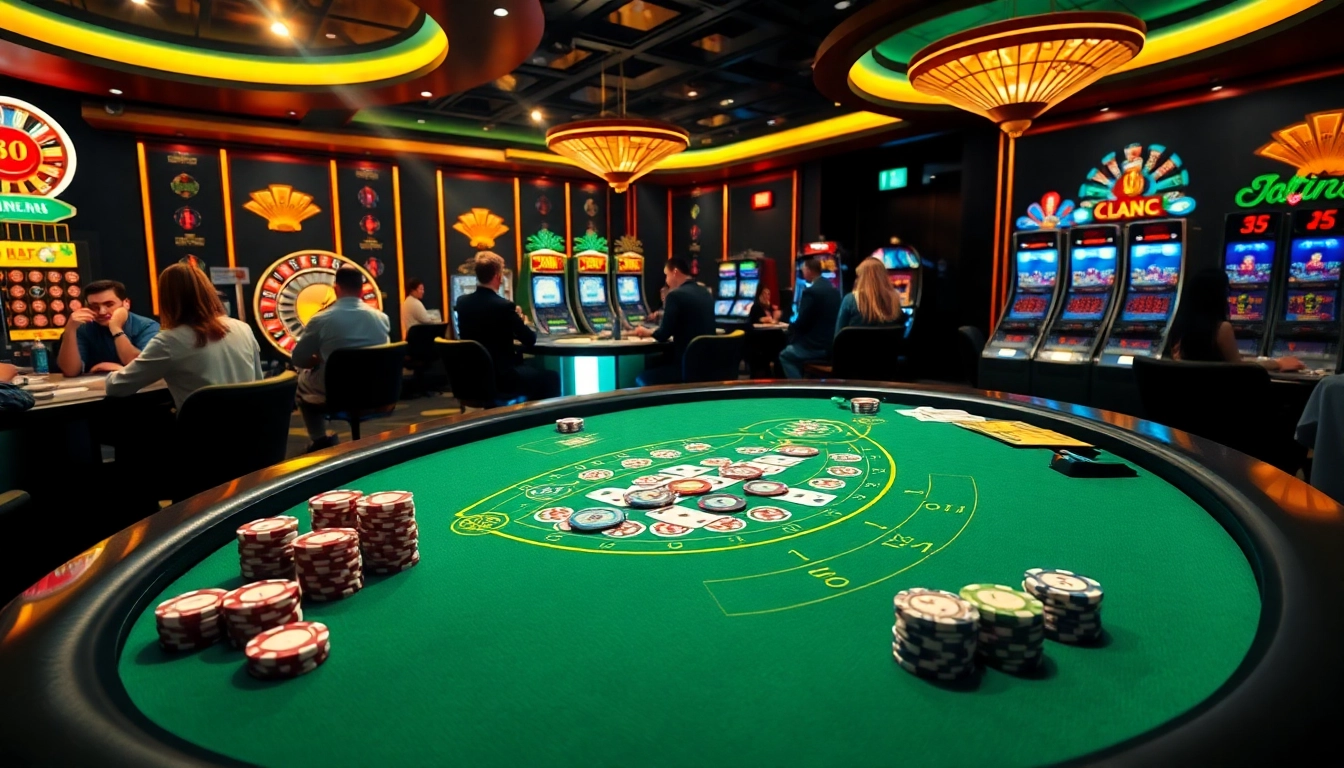 Engaging gamblers at a blackjack table featuring https://febet4.art/, displaying vibrant chips and cards.