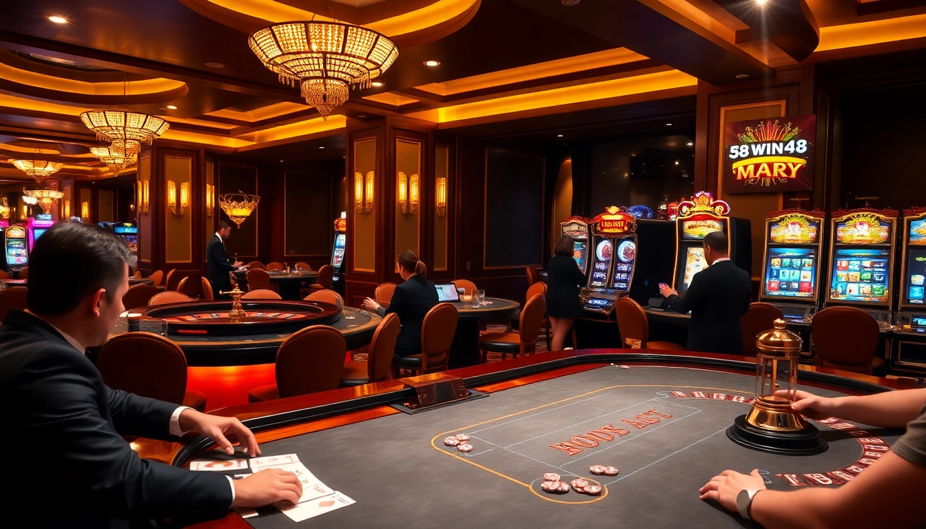 Experience the thrill of winning at https://58win4b.net/ with an exciting casino scene featuring poker, roulette, and slot machines.