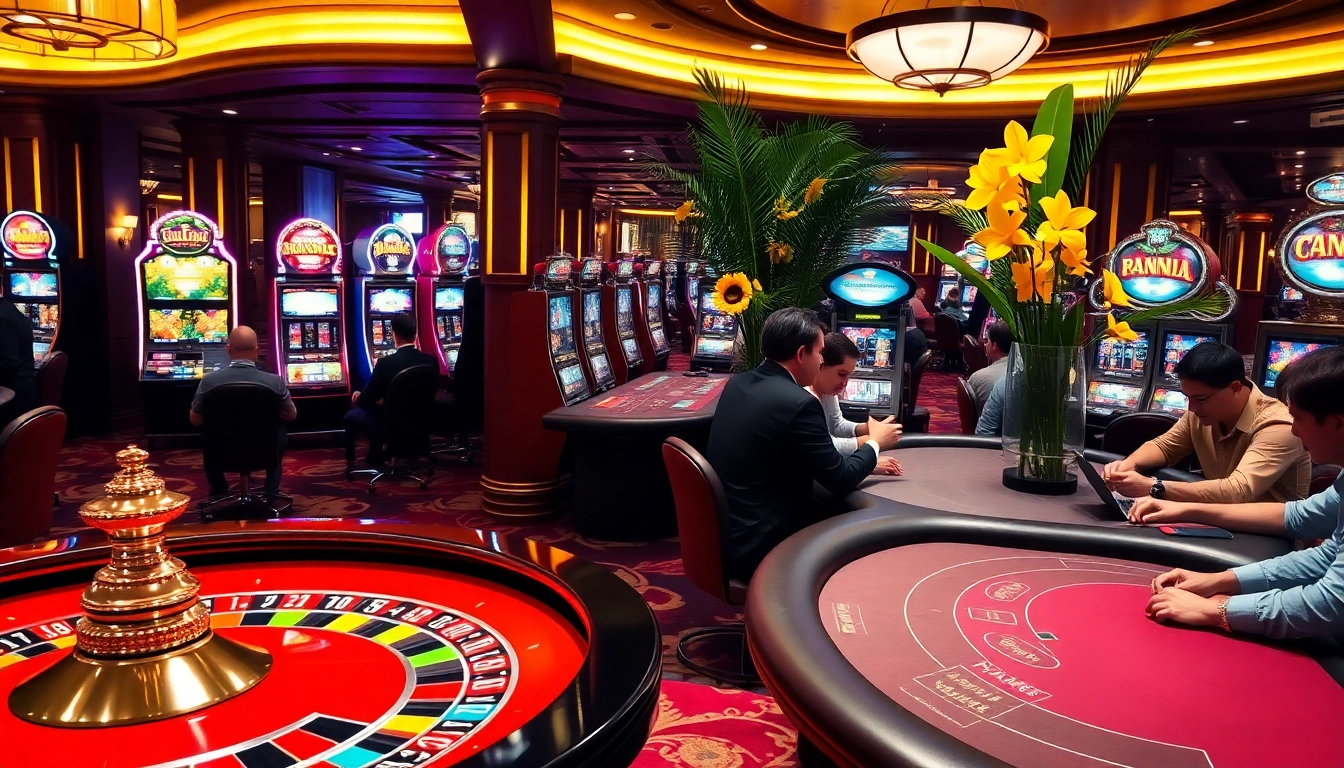 Gamblers enjoying a high-stakes game at a vibrant casino featuring nohu-inspired decorative plants.