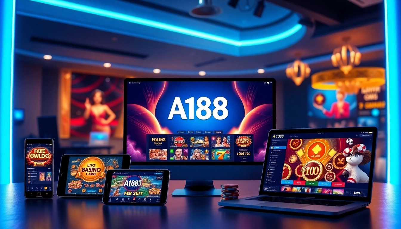A188 online casino platform showcasing gaming devices, vibrant colors, and promotions