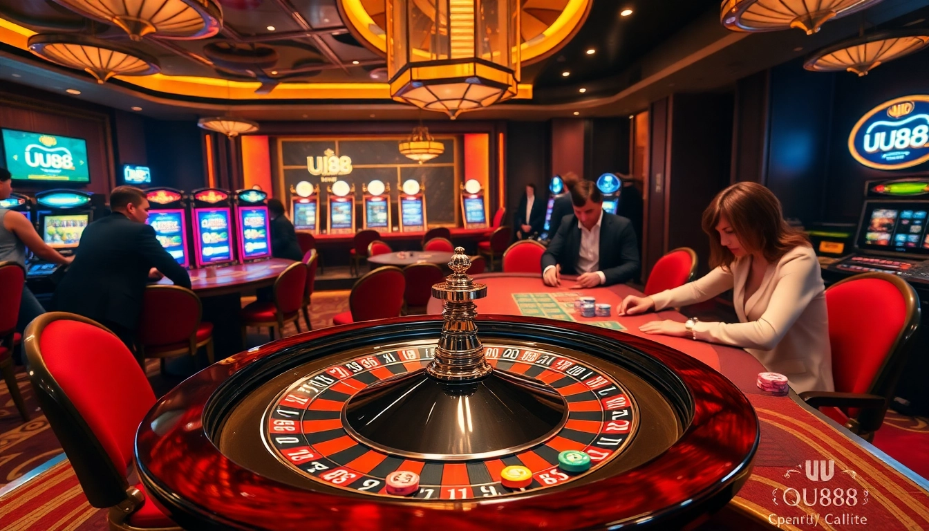 Experience the thrill of gambling with UU88 at a vibrant casino featuring roulette, poker tables, and exciting slot machines.
