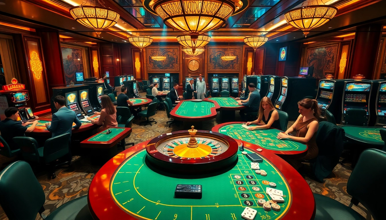 hướng dẫn xn88 guides players in an exciting casino scene with roulette, poker, and slots