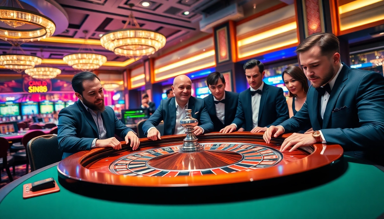 Exciting casino gambling scene featuring players engaging with sin88 gaming tables and interfaces.