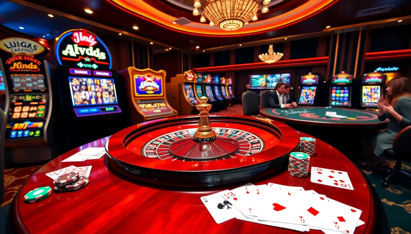 Luckywin's vibrant casino gaming scene featuring roulette, slots, and poker chips for an exciting experience.