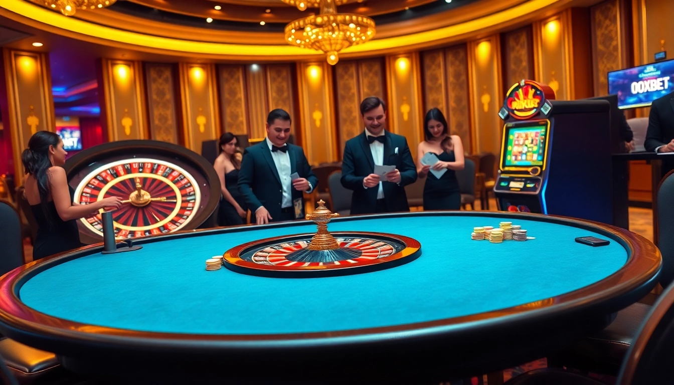 Experience the thrill of OXBET with luxurious casino visuals featuring vibrant gaming tables and slot machines.