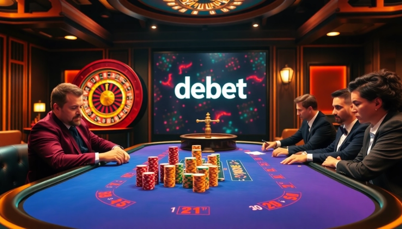 Engaged poker players utilizing debet betting interface at a glamorous casino table.