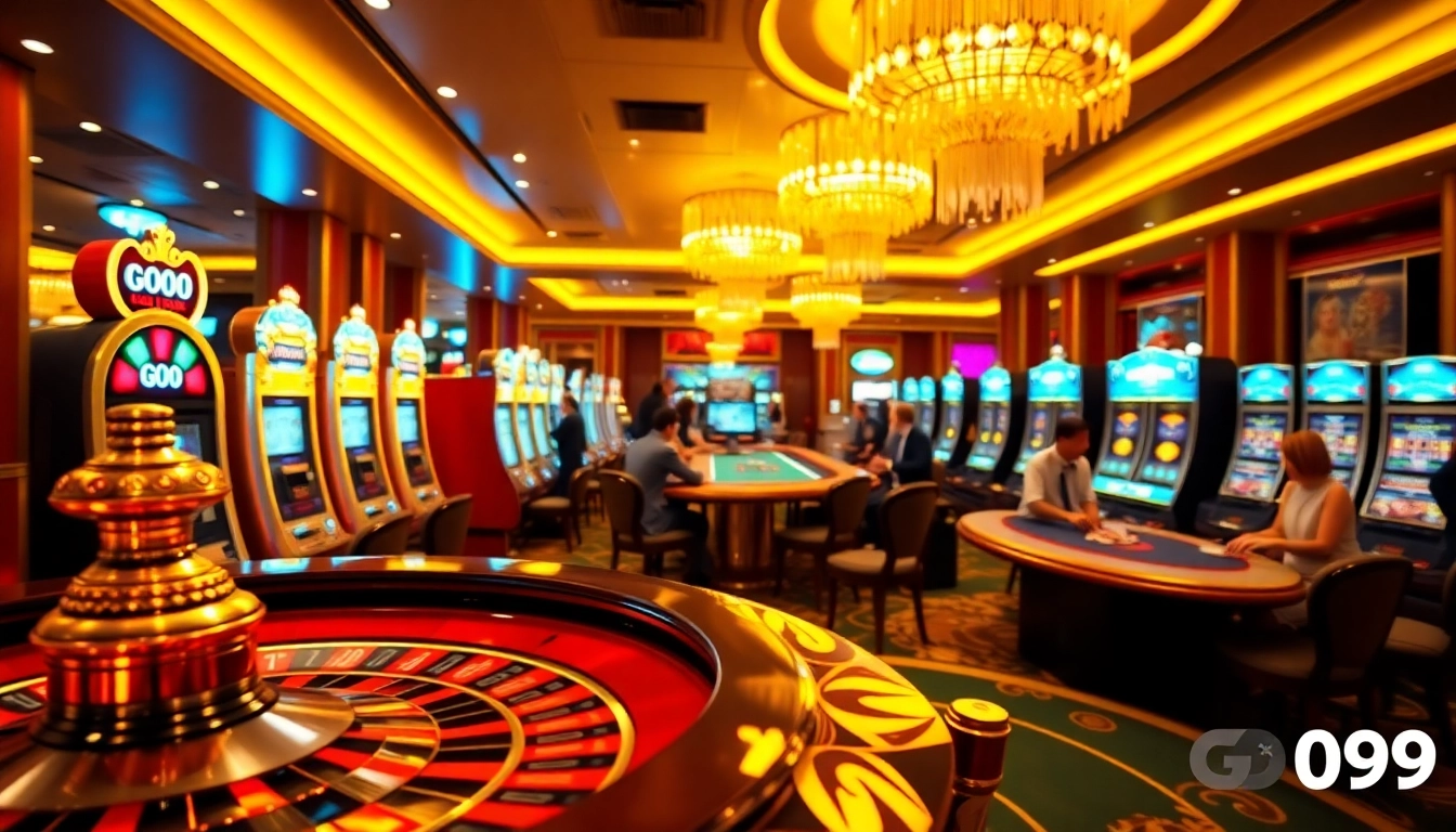 Engage with thrilling games at Trang chủ game GO99, featuring vibrant slot machines and excited players.