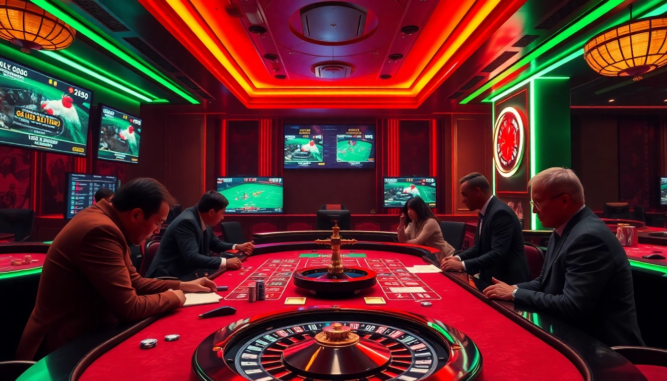 Betting on đá gà trực tiếp with engaged gamblers in a lively casino setting, showcasing excitement and strategy.