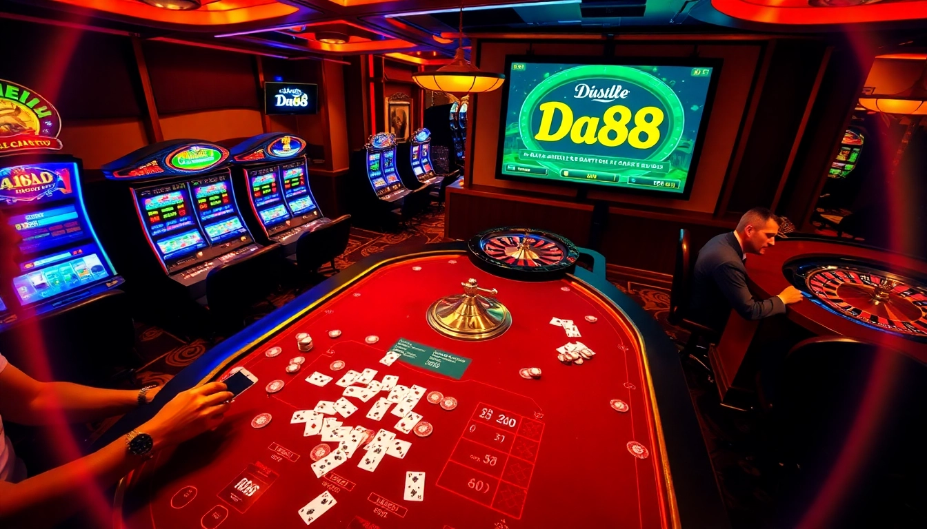 Experience the thrill of gambling with Da88 on a vibrant casino table filled with cards and chips.