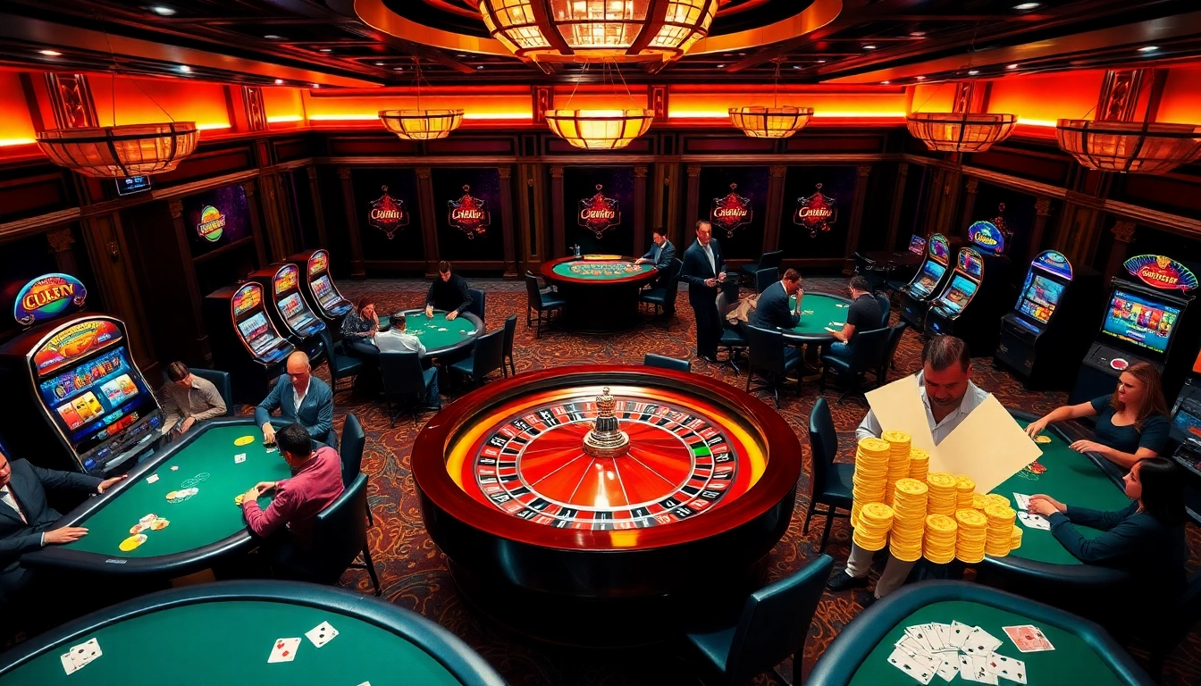 Experience high-stakes action at https://cwin.it.com/ with players engaging around casino tables and vibrant slot machines.