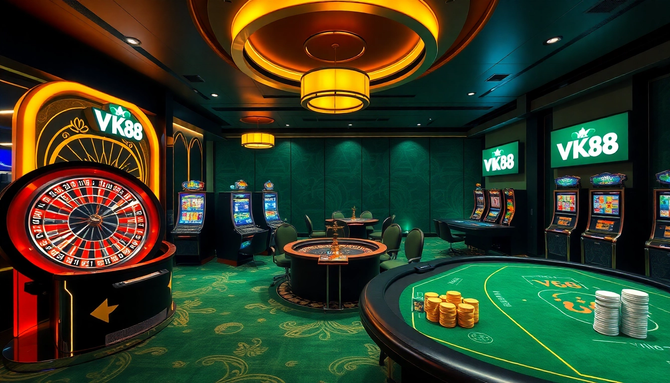 Experience the excitement with VK88 at a vibrant casino featuring roulette, slots, and poker tables.