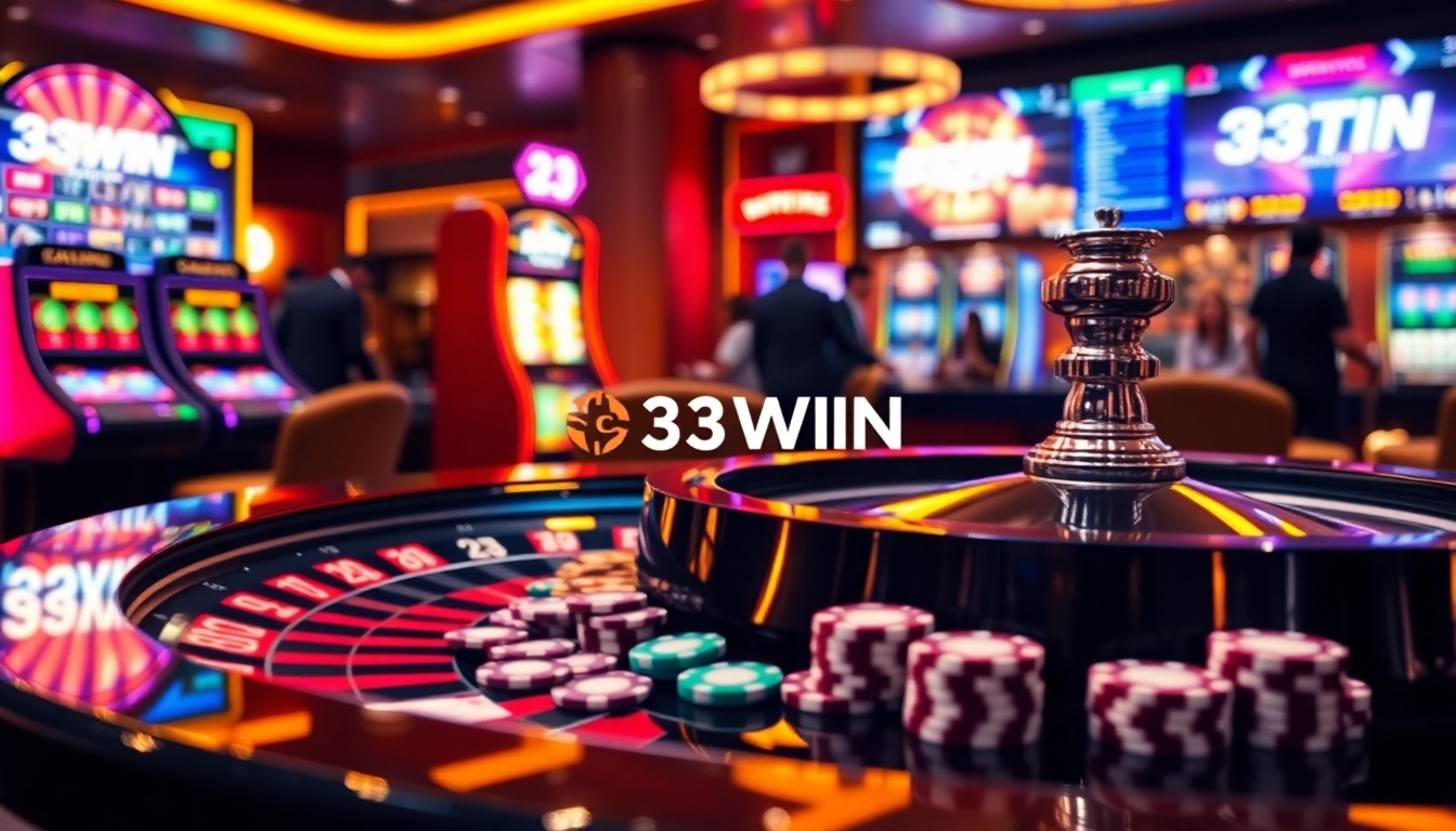 33WIN online casino showcasing thrilling gaming options with vibrant roulette and poker setup.